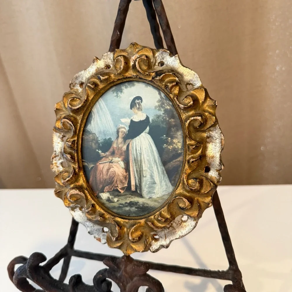 Vintage G.B. Florence Italy Hilaire Reading Miniature Gold Florentine Oval Frame